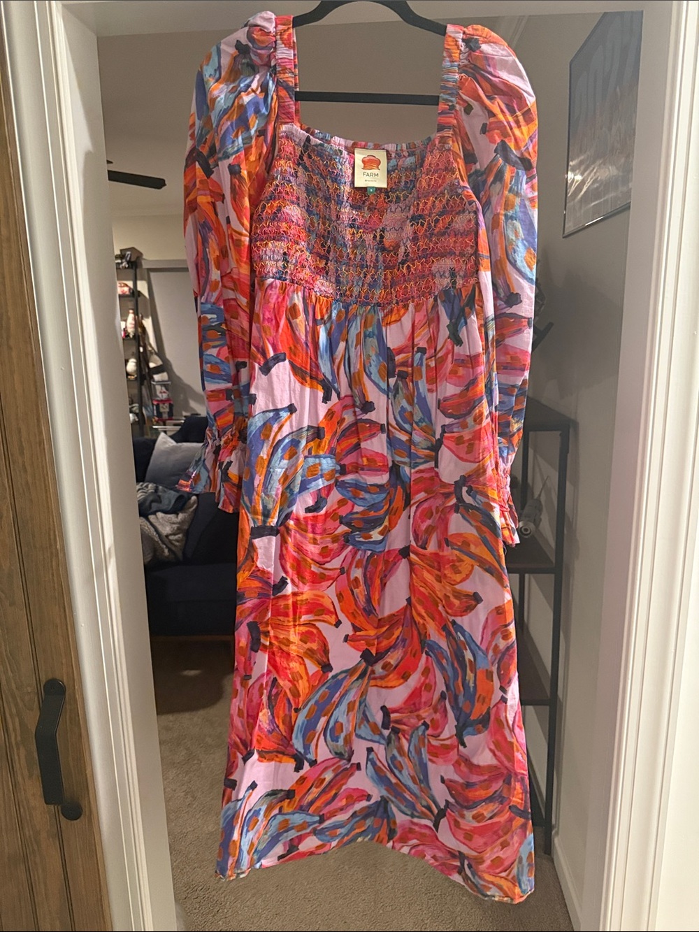 FARM Rio Pink Multi-Color Long Sleeve Smocked Midi Dress